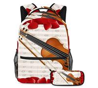Juego de mochila escolar para adolescentes y niños, mochila para estudiantes con estuche para lápices para la escuela, violín con notas clave y pétalos rojos, multicolor, Talla única, Juegos de