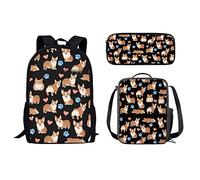 Juego de mochila escolar para niñas y niños, 3 piezas, mochila de viaje para libros, lonchera, para mujeres, hombres y adultos, estuche para lápices, bolsa cruzada, Bonito Corgi Love, Talla única,