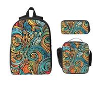 Juego de mochila étnica de arte floral para niñas y niños con bolsa de almuerzo, estuche para lápices, mandara, 3 piezas, bolsas escolares, lonchera aislada, regalos para mujeres y hombres