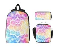 Juego de mochila étnica floral de mandala para niñas y niños con bolsa de almuerzo, estuche para lápices, flores y arco iris, 3 piezas, bolsas escolares, lonchera aislada, regalos para mujeres y
