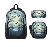 Juego de mochila Forest Full Moon para niñas y niños con bolsa de almuerzo, estuche para lápices, murciélagos de Halloween, 3 piezas, bolsas escolares, lonchera aislada, regalos para mujeres y hombres