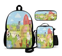 Juego de mochila infantil de 3 piezas para el regreso a clases, bolsa de libros de 16 pulgadas con bolsa de almuerzo y estuche para lápices para niños y niñas de 1 a 6º grado, Animales de la granja