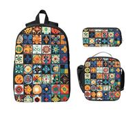Juego de mochila marroquí para niñas y niños con bolsa de almuerzo, estuche para lápices, diseño de mandala, 3 piezas, bolsas escolares, lonchera aislada, regalos para mujeres y hombres