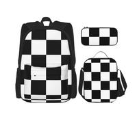Juego de Mochila, Mochila Escolar, Mochila, Juego de 3 Piezas con Bolsa de Almuerzo, Estuche para lápices,Enorme Fórmula Uno De F1 A Cuadros En Blanco Y Negro