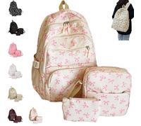 Juego de mochila para niñas, 3 bolsas de nailon de gran capacidad con bonito patrón de lazo, ideal para la escuela y el uso diario, Pink