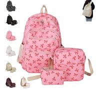 Juego de mochila para niñas, 3 bolsas de nailon de gran capacidad con bonito patrón de lazo, ideal para la escuela y el uso diario, rosa roja
