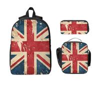 Juego de mochila vintage con la bandera del Reino Unido para niñas y niños con bolsa de almuerzo, estuche para lápices, diseño retro de bandera británica, 3 piezas, bolsas escolares, lonchera aislada