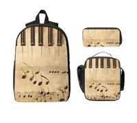 Juego de mochila vintage con notas musicales para niñas y niños con bolsa de almuerzo, estuche para lápices, teclado de piano, 3 piezas, bolsas escolares, lonchera aislada, regalos para mujeres y