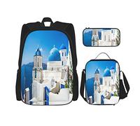Juego de mochilas de 3 piezas, color azul atardecer, Grecia, vista escénica, casas blancas de las Cícladas, parques de Santorini, Oia, bolsa de libros mediterránea, bolsa de trabajo, escuela, estuch