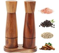 Juego de molinillos de sal y pimienta de madera con bandeja, juego de 2 molinillos manuales con grado de molienda ajustable, 20 cm de alto, núcleo de cerámica, juego de molinillos de especias para