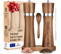 Juego de Molinillos de Sal y Pimienta de Madera de Acacia con Bandeja - 60 g cada uno - Molinos Manuales Altos Rellenables para Granos de Pimienta, Sal y Especias - por PJC-Kitchen