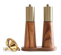 Juego de molinillos de sal y pimienta dorados con base de madera, embudo dorado gratis, salero manual de acero inoxidable y molinillo de pimienta, grosor ajustable, adecuado para cocina (molinillo de