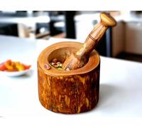 Juego de mortero y mortero de madera de olivo rústico natural | Molinillo de especias y hierbas hecho a mano con mortero de madera con mortero y nueces, prensa de ajos | Esenciales de cocina