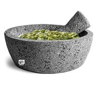 Juego de mortero y pilón mexicano hecho a mano de 8 pulgadas, base plana, Molcajete Mexicano, utensilios de cocina mexicanos perfectos como cuenco y triturador de guacamole, mortero para cocina hecho