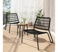 Juego de muebles de balcón de acero galvanizado, cuerda trenzada a mano, mesa de madera maciza, sillas de 160 kg, para patio, jardín y balcón, color negro