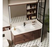 Juego de muebles de baño con armario montado en la pared y fregadero de cerámica, armario de espejo C marrón de 100 cm, solución moderna de almacenamiento de tocador de baño