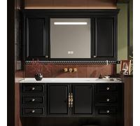 Juego de muebles de baño con fregadero de cerámica, armario de pared, armario de espejo, mueble de tocador negro, 140 cm, solución de almacenamiento elegante y funcional para baños modernos