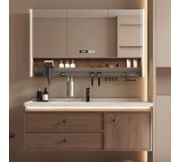 Juego de muebles de baño de 120 cm con lavabo, armario montado en la pared, espejo LED, color marrón claro, elegante y moderno, solución de almacenamiento para decoración del hogar