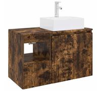 Juego de muebles de baño de 2 piezas de madera compuesta roble ahumado | Diseño de pared que ahorra espacio, vanidad y gabinete a juego, perforación personalizada, asas plateadas