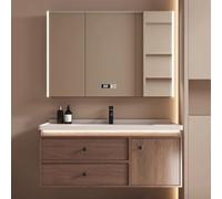 Juego de muebles de baño de 80 cm con lavabo montado en la pared, espejo LED, acabado marrón claro, elegante y funcional solución de almacenamiento de baño