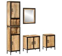 Juego de muebles de baño de hierro y madera maciza de mango de 4 piezas | Superficie de espejo de vidrio, mango de metal, madera maciza de mango, hierro sólido, montaje en pared necesario