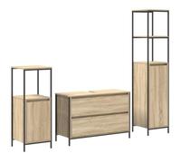 Juego de muebles de baño genérico Chene Sonoma de 3 piezas | Madera de ingeniería duradera, estantes cubos, patas de metal negro, almacenamiento de toallas y productos