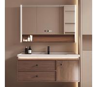 Juego de muebles de baño marrón con espejo LED y fregadero de 90 cm, almacenamiento montado en la pared, moderno y elegante mueble de baño para decoración del hogar