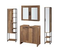 [en.casa] Juego de Muebles de Baño Namsskogan 4 Piezas - Armario Alto, Columna con Espejo, Mubele Deabjo Lavabo, Mueble Auxiliar con Espejo - Agomerado Metal - Efecto Roble y Negro