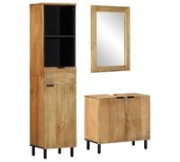 Juego de Muebles de Baño Sólido Mango Marrón | Madera de mango,espejo con marco de madera,fregadero con agujero,patas de madera,espacio de almacenamiento