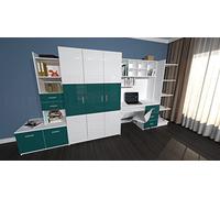 Juego de muebles de dormitorio para niños con armario, escritorio y unidad de pared, solución de almacenamiento para niños y niñas, color verde azulado, colección 3BP Heaven