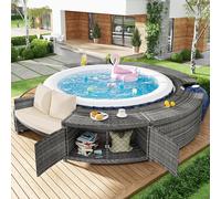Juego de muebles de jardín, borde con espacio de almacenamiento y asiento para jacuzzi, spa piscina, borde de polirratán, gris, madera dura, redonda, acero con recubrimiento de polvo
