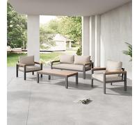 Juego de muebles de jardín con marco de acero galvanizado (juego ancho, juego de 4 piezas, 1 sofá de 2 plazas, 2 sillas individuales, 1 mesa), tablero de madera de acacia y reposabrazos (beige)