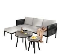 Juego de muebles de jardín con muebles de esquina de 3 plazas y reposapiés, juego de salón con malla de cuerda, mesa de cristal con aspecto de mármol, grupo de asientos para exteriores, para terraza