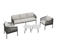 Juego de muebles de jardín con sofá de 3 plazas, 2 sillones de salón, 2 mesas de café con tapa de cristal de mármol, marco de acero galvanizado, cuerda tejida a mano, resistente a la intemperie y a