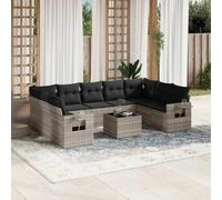 Juego de muebles de jardín de 10 piezas con cojines, ratán PE, tablero de vidrio, juego modular de muebles de jardín con elevación de gas, gris claro