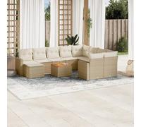Juego de muebles de jardín de 11 piezas con cojines, ratán sintético beige, sofá modular con almacenamiento y bolsa impermeable, mesa de madera de acacia, reposapiés universal, muebles de patio