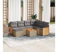 Juego de muebles de jardín de 8 piezas con cojines, ratán sintético beige, ocio modular con cojines gruesos y tablero de madera de acacia, fundas lavables desmontables fáciles de limpiar
