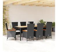 Juego de muebles de jardín de 9 piezas con cojines, negro, ratán PE, mesa con tablero de acacia, respaldo ajustable, asiento cómodo con funda extraíble, para jardín y patio