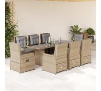 Juego de muebles de jardín de 9 piezas con cojines, ratán sintético beige, asiento con respaldo ajustable, tablero de vidrio, funda de lavado extraíble