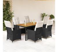 Juego de muebles de jardín de polirratán negro con cojines, respaldo ajustable, tablero de madera de acacia, asiento cómodo con funda extraíble