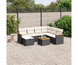 Juego de muebles de jardín de ratán de polietileno de 8 piezas, color negro, con cojines y mesa de madera de acacia, set modular de asientos con funda de lavadora, estructura de acero.