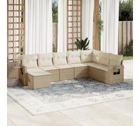 Juego de muebles de jardín modulares de polirratán beige de 8 piezas con cojines, mesa auxiliar plegable y almacenamiento para bolsa impermeable.