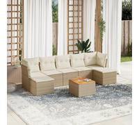 Juego de muebles de jardín modulares de ratán beige de 8 piezas con cojines y almacenamiento impermeable, mesa de acacia, reposapiés universal
