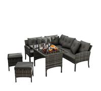 Juego de muebles de jardín para 7 personas, con sofá esquinero, taburete, mesa de cristal, mesa de ratán, resistente a la intemperie, para exteriores, conjunto de comedor y jardín, polirratán, lavable
