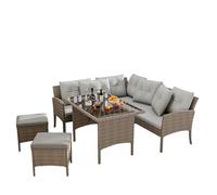 Juego de muebles de jardín para 7 personas, con sofá esquinero, taburete, mesa de cristal, mesa de ratán, resistente a la intemperie, para exteriores, conjunto de comedor y jardín, polirratán, lavable