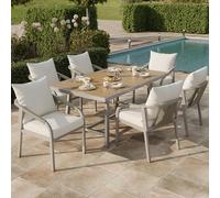 Juego de muebles de jardín, tubo de acero galvanizado, tablero de madera de plástico, diseño de cuerda trenzada, color caqui y beige. Adecuado para 6 personas, compuesto por 1 mesa y 6 sillas (147,5 x