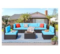 Juego de muebles de patio al aire libre, sofá seccional de ratán, tejido manual, juego de conversación de mimbre para patio con