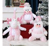 Juego de muñecos de peluche de Navidad sentados con Papá Noel, muñeco de nieve y reno con detalles de purpurina para decoración de estantes y ventanas (D)