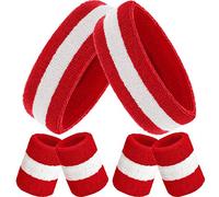 Juego de Muñequeras, Incluye Diadema Deportiva y Muñequera de Pulsera de Algodón Colorida Banda de Sudor para Hombres y Mujeres (Rojo Blanco y Rojo, 6 Piezas)