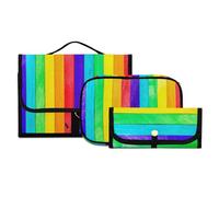 Juego de neceser colgante de 3 piezas con gancho, kit de estuche de maquillaje de viaje con valla de madera de arco iris, bolsa de lavado portátil, organizador de brochas de cosméticos para mujeres y